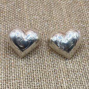 Sterling Silver etched puff heart earrings